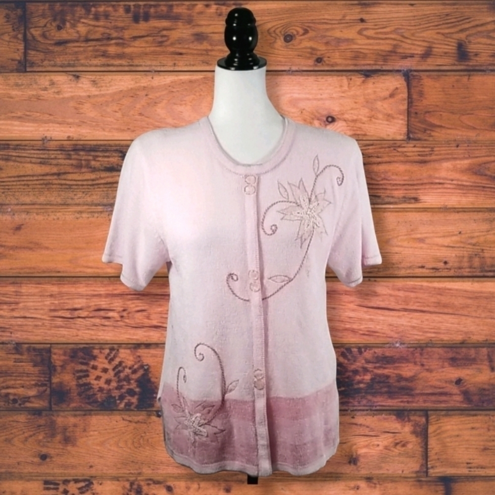 Moffi International Women's Sweater Size M Pink Knit Short Sleeve Embroidered